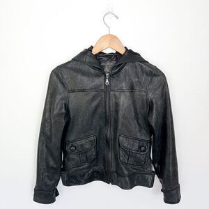 My Tribe Women’s Black Sparkle Metallic Hooded Leather Zip Closure Bomber Jacket